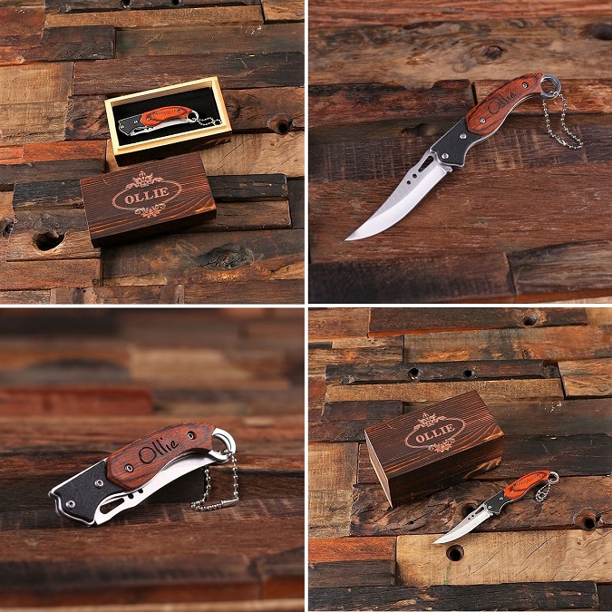Engraved Wood Bowed Hunting Pocket Knife TP-024243