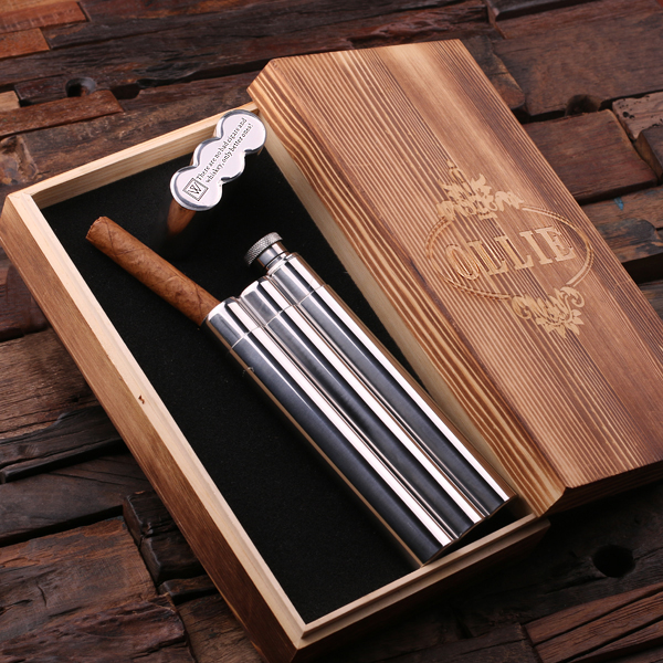 Personalized Steel Cigar Holder With Whiskey Flask