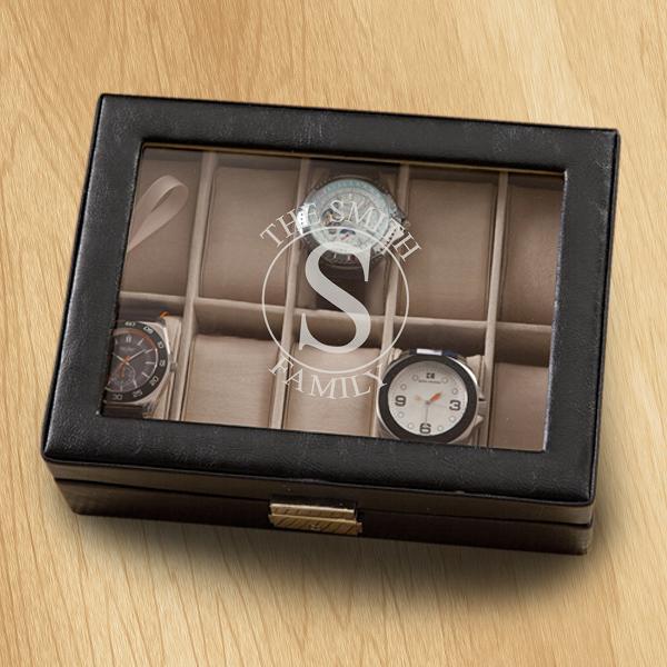 Monogrammed Leather Watch Box by Black Ace Design