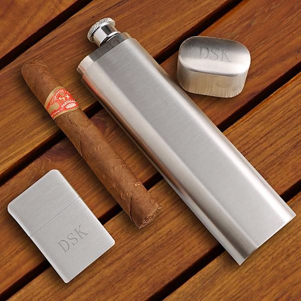 Engraved Cigar Case With Flask and Lighter Set GC1514