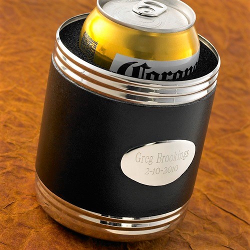 Engraved Silver and Black Leather Beverage Holder GC483
