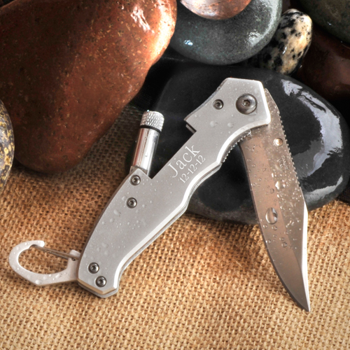 Engraved Brushed Lockback Pocket Knife and Flashlight GC788