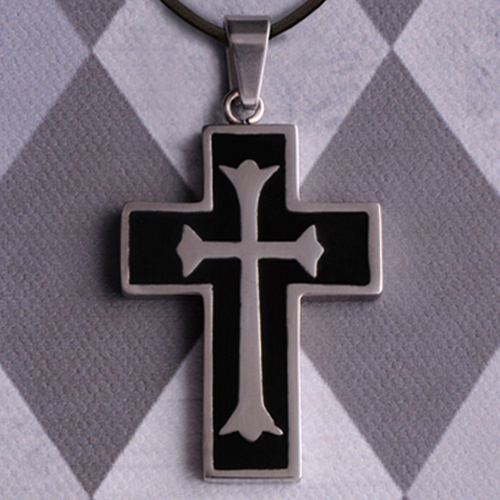 Engraved Cross Necklace With Black Inlay GC980