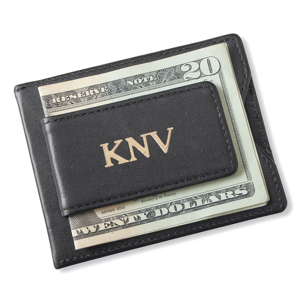 Personalized Black Leather Magnetic Wallet and Clip
