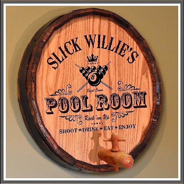Personalized Oak Quarter Barrel Pool Room Sign OBC-QBN-101