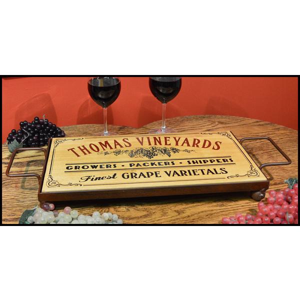 Personalized Oak Serving Tray In Wrought Iron Frame Base OBC-ST
