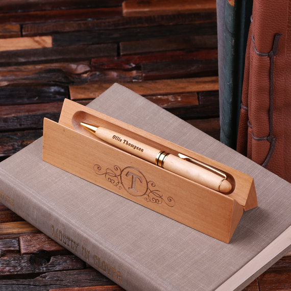 Engraved Wood Pen And Desk Name Plate With Card Holder
