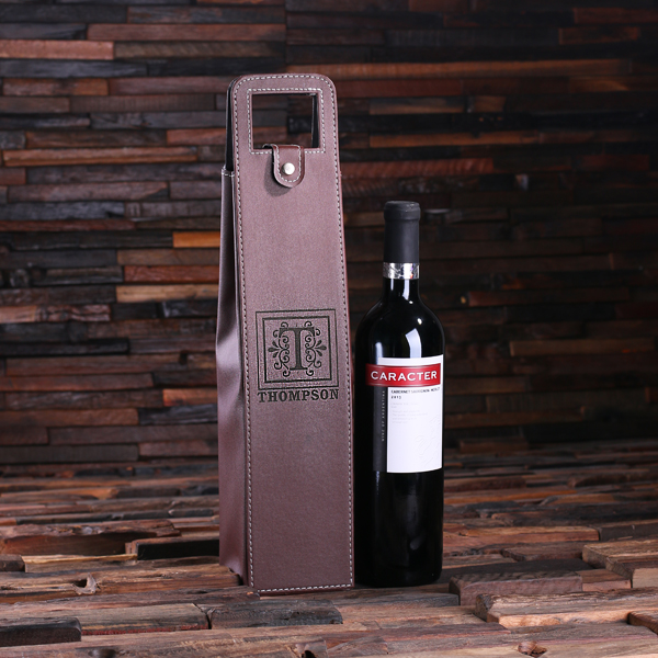 Engraved Brown Leather Wine Bottle Holder TP-024273_Brown