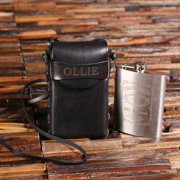 Engraved 8oz Metal Flask With Leather Carrying Pouch TP-025477