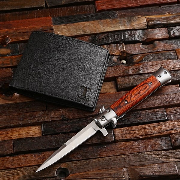 Engraved Wood Stiletto Knife and Leather Wallet Groomsmen Set TP-026681